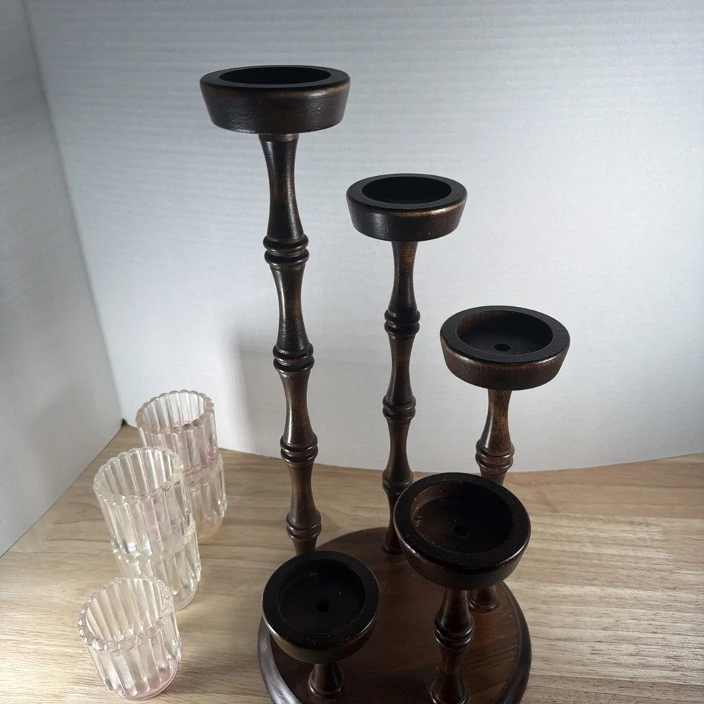 Mid Century Vintage 5-tier Wooden Spiral Candle Holder Spindles Candelabra